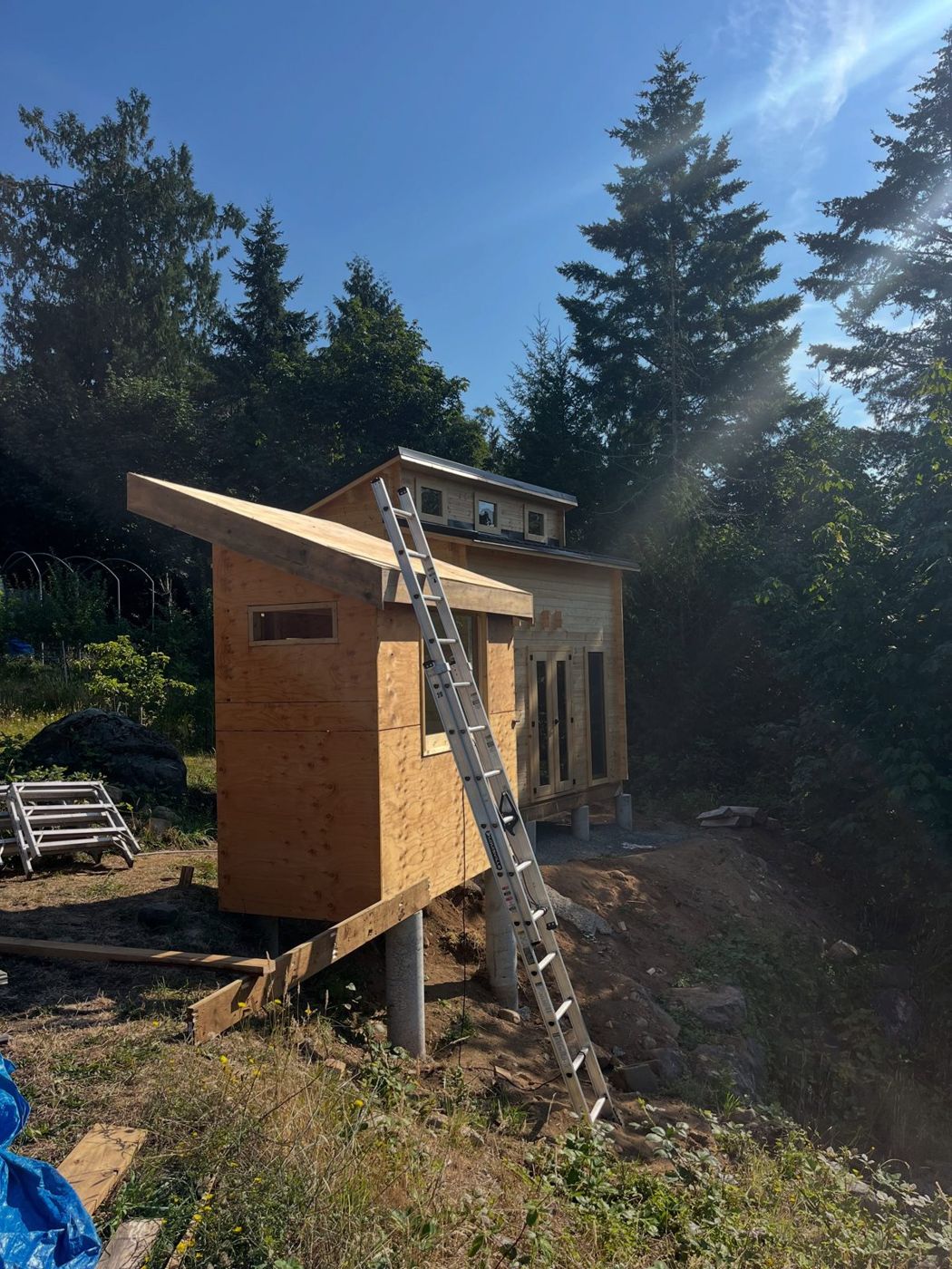 Framed cabin in a Vancouver Island forest with sun rays